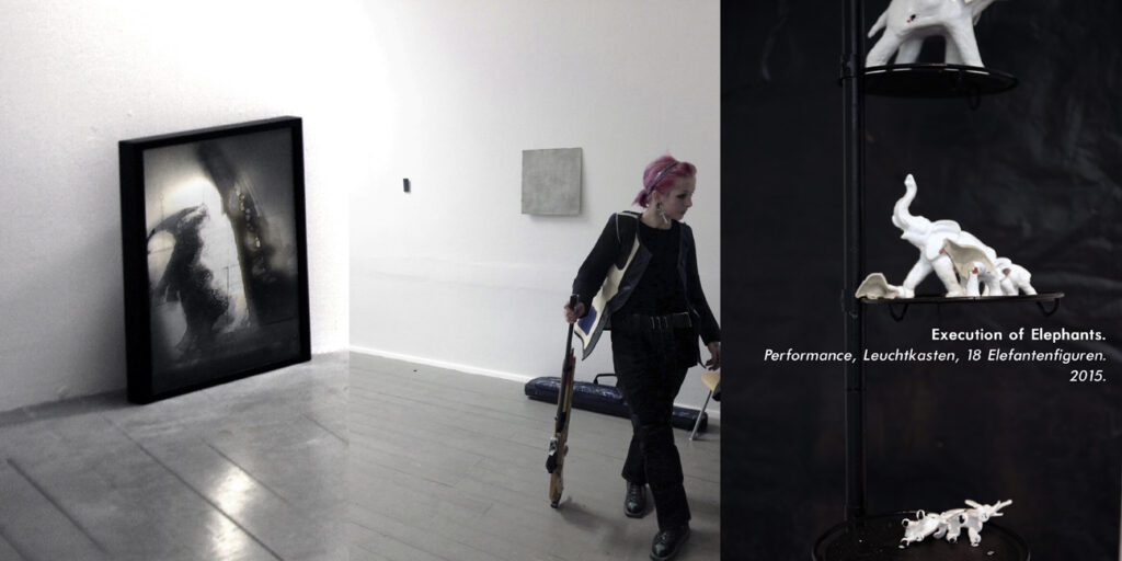 #hgb #hochschulefürgrafikundbuchkunst #medienkunst #installation #klassefürinstallationundraum #rundgang #performance #leuchtkasten #elephants #elefanten #gun #gewehr #figuren #topsy #mary #marytheelephant #execution